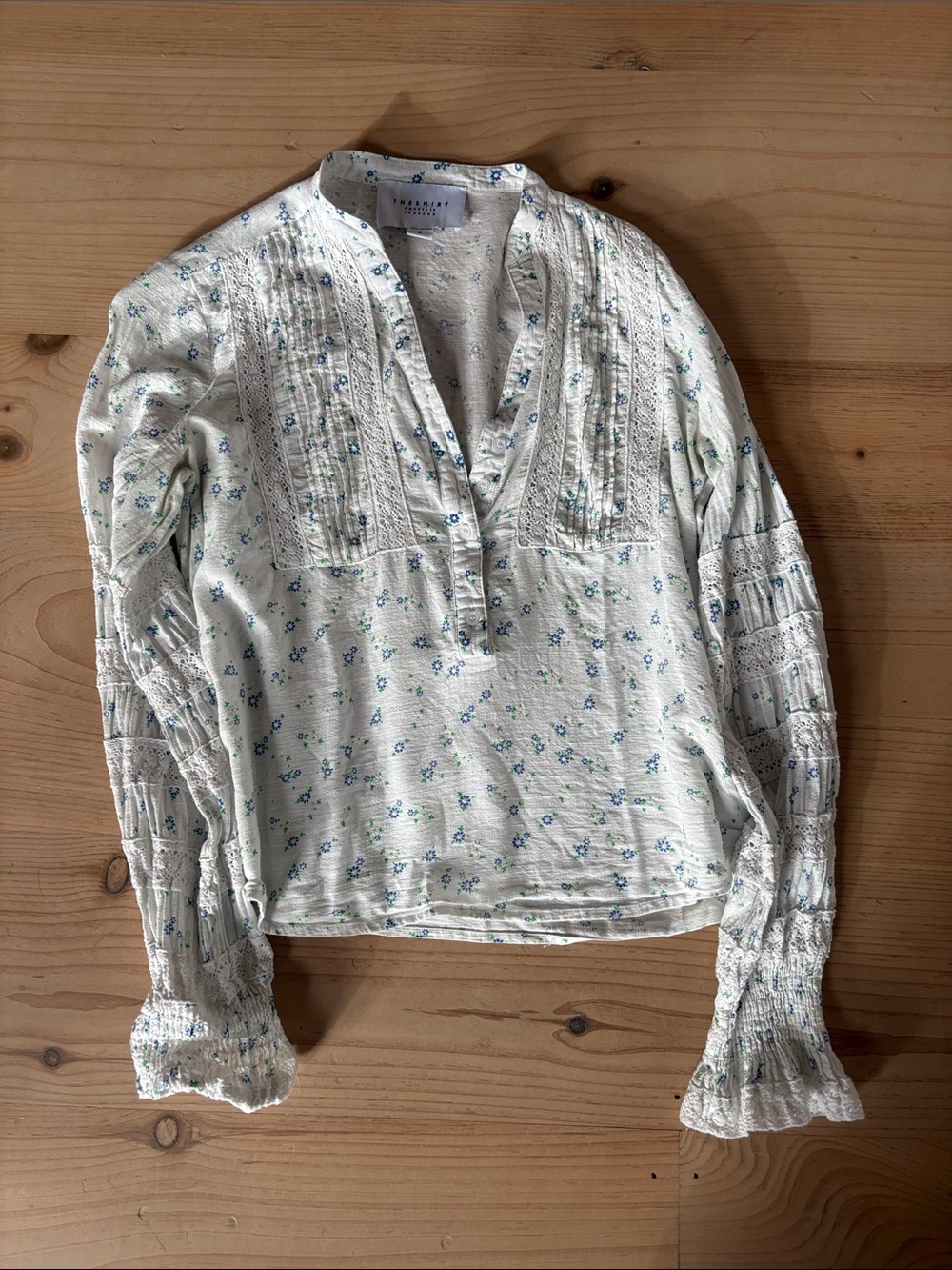 The Shirt by Rochelle Behrens Cream White Blue Floral Pintuck Blouse